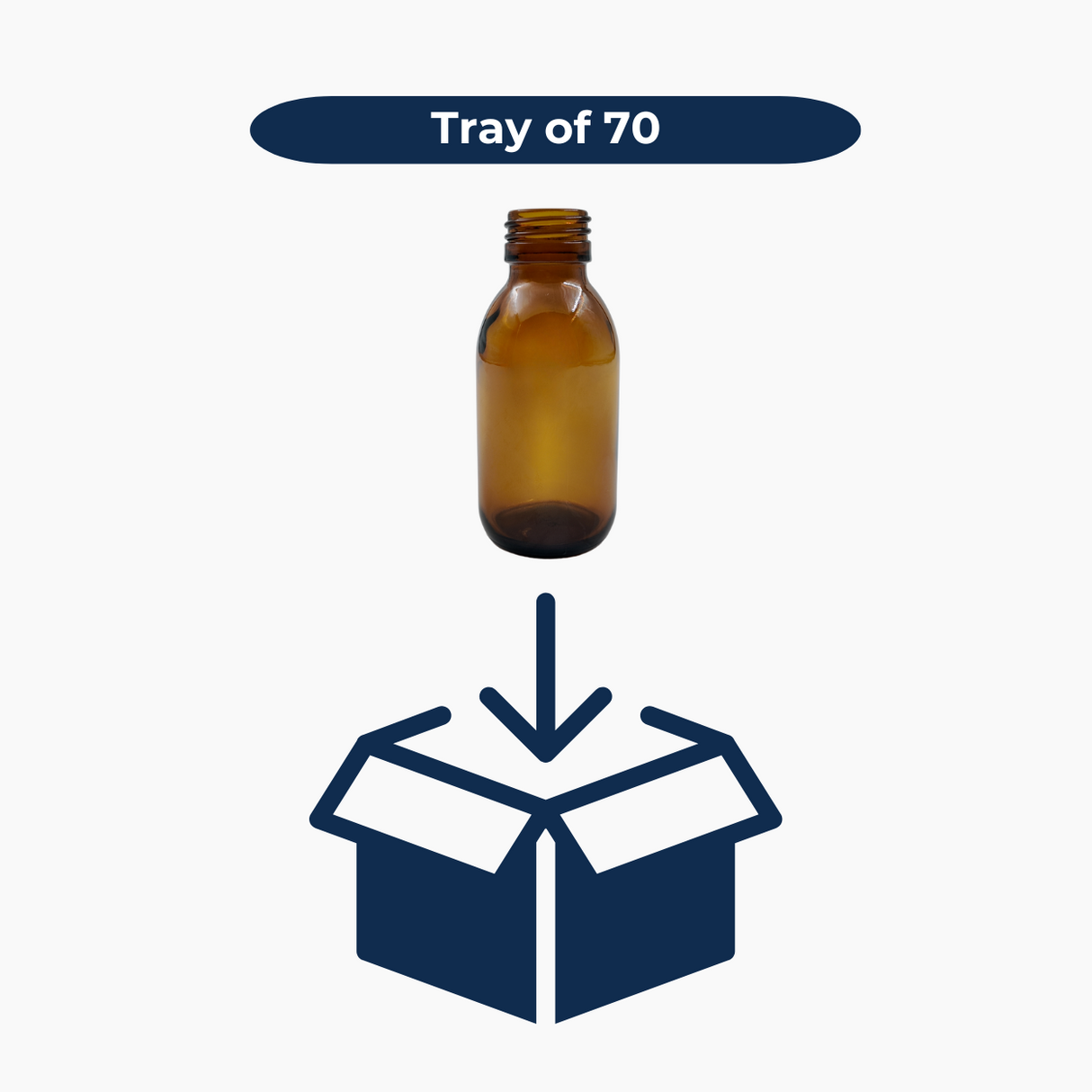 100ml amber glass bottle with 28mm neck shown with box icon indicating tray of 70 units
