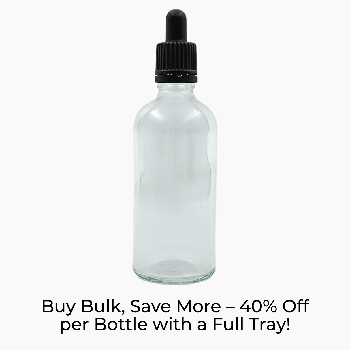 100ml clear glass dropper bottle with 18mm neck and black pipette dropper closure shown with promotional text