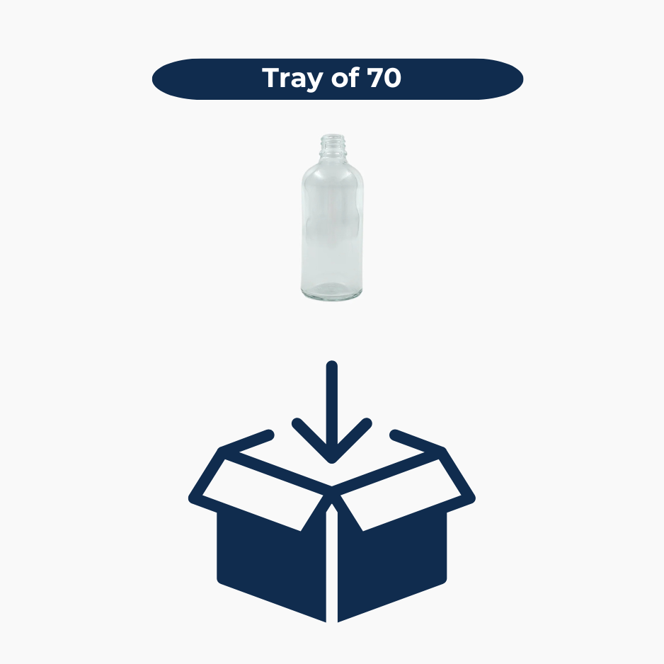100ml clear glass dropper bottle with 18mm neck shown with box icon indicating bulk tray of 70 units