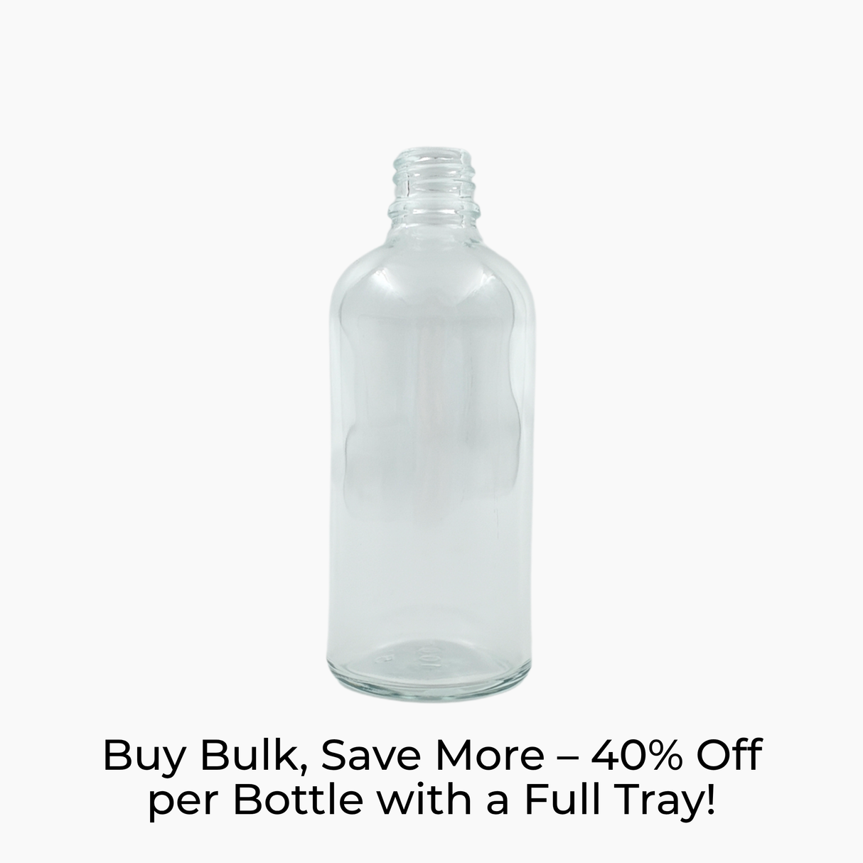 100ml clear glass dropper bottle with 18mm neck and no closure shown with promotional text