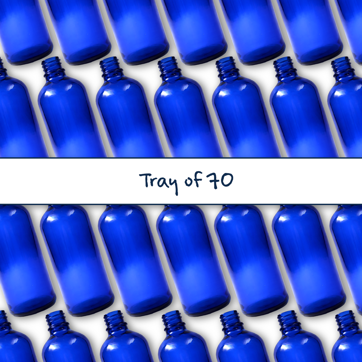 Collection of blue 100ml glass dropper bottles, empty cosmetic packaging for serums, oils and skincare formulations