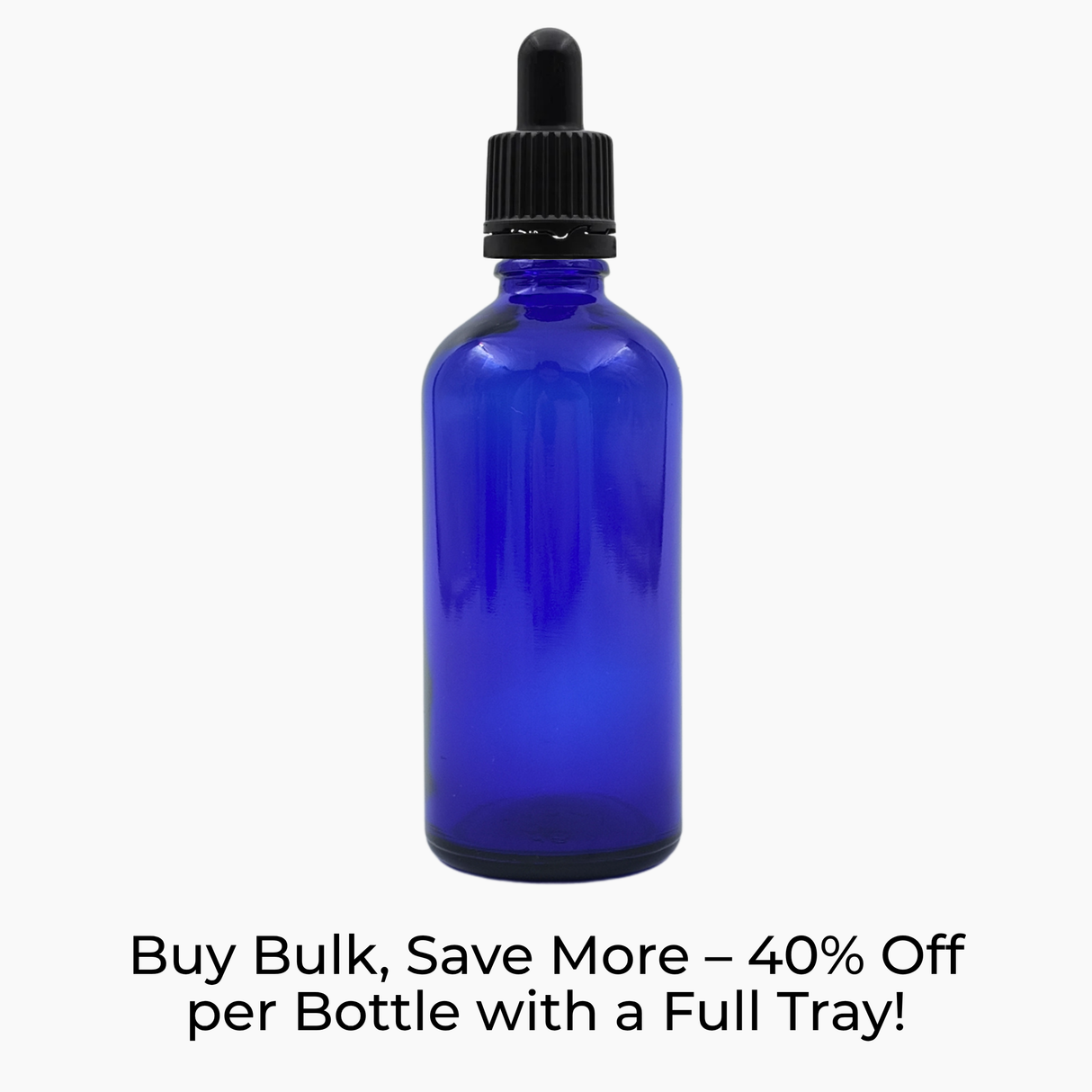 Blue 100ml glass bottle with black pipette dropper on white background