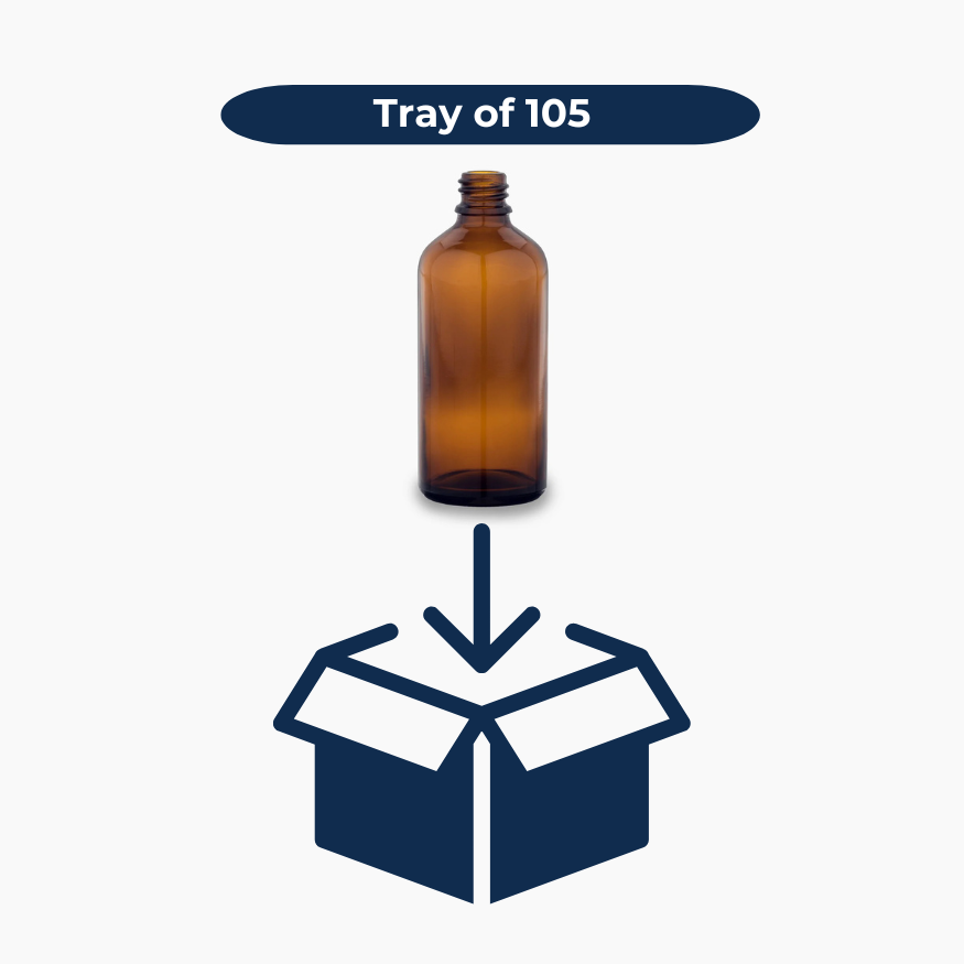 Amber 100ml glass bottles shown in bulk tray of 105 units