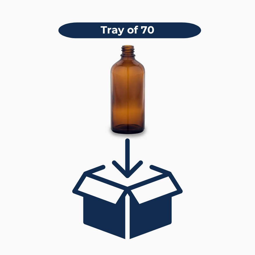 Amber 100ml glass bottles shown in bulk tray of 70 units
