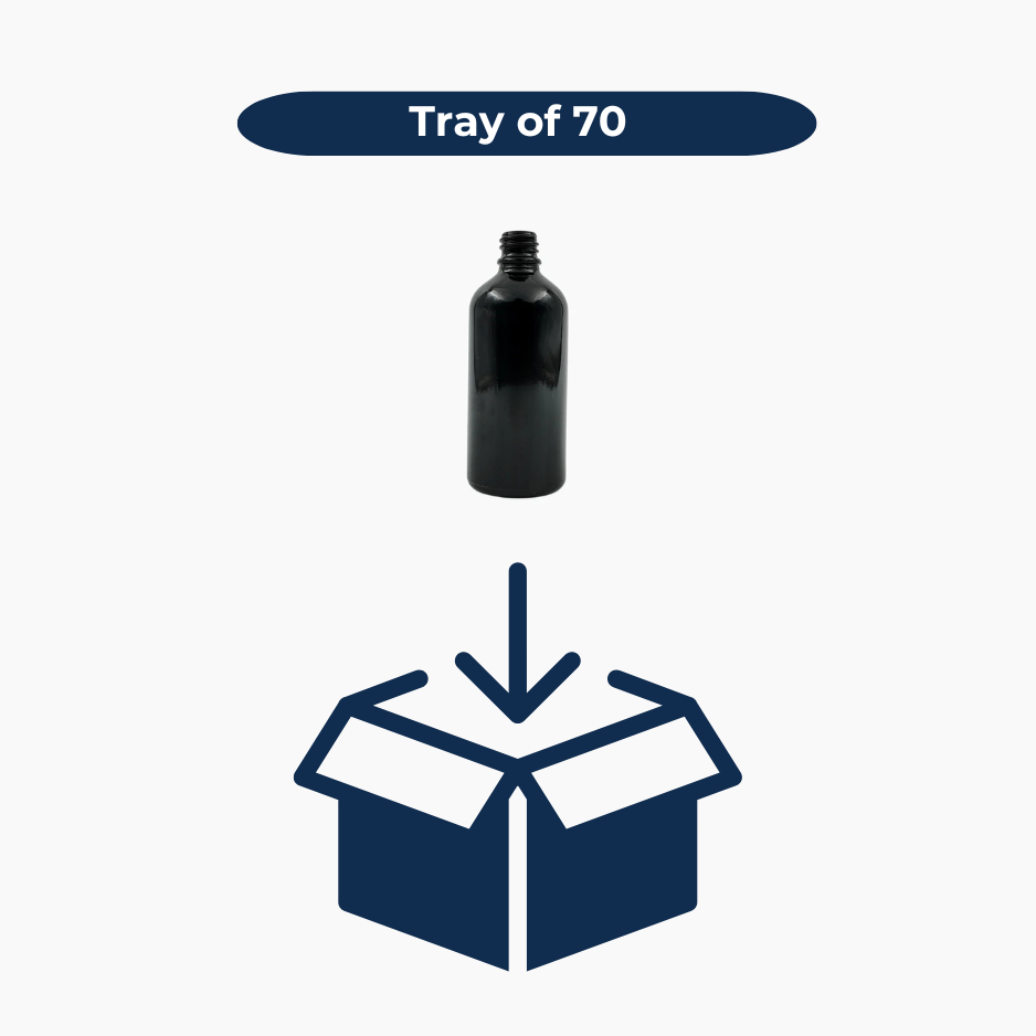 Black 100ml glass bottles shown in bulk tray of 70 units