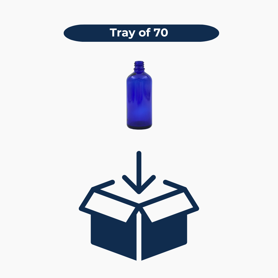 Blue 100ml glass bottles shown in bulk tray of 70 units