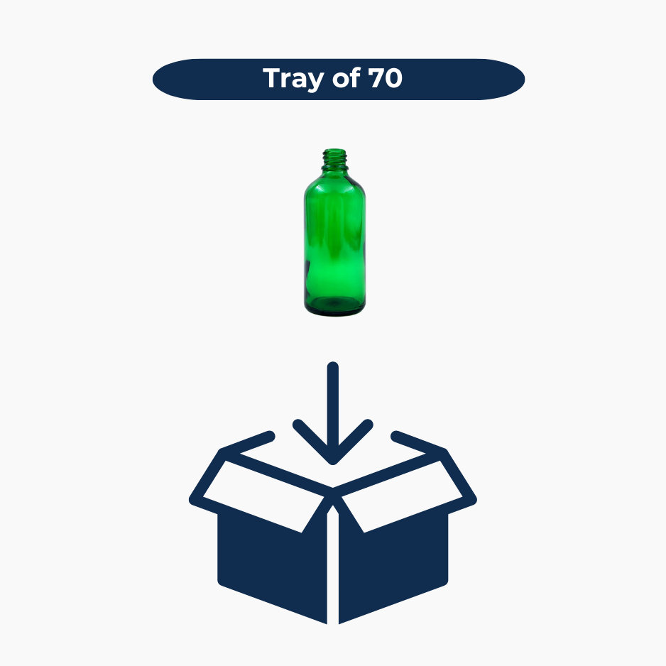 Green 100ml glass bottles shown in bulk tray of 70 units