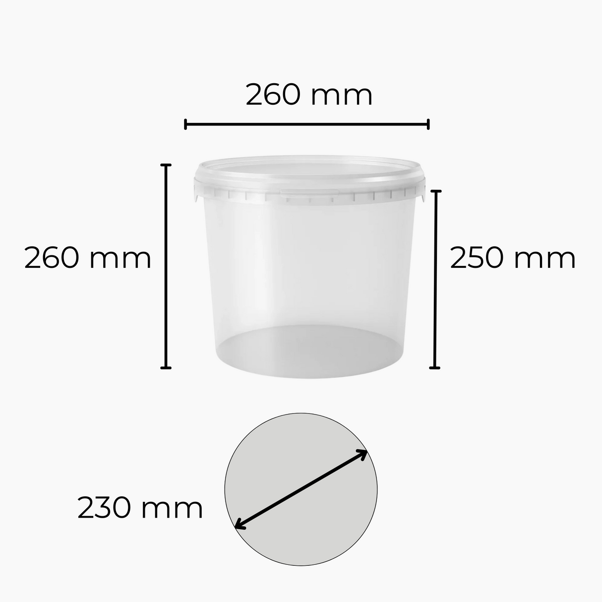 Clear 10L bucket with dimensions labeled on a white background