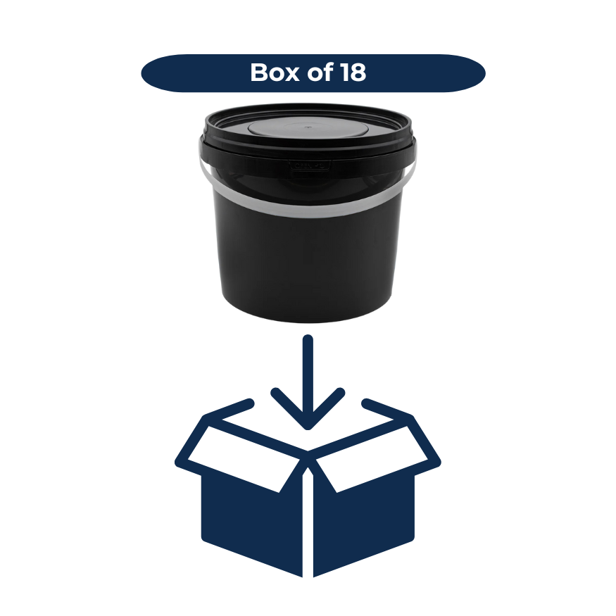 Black 10L bucket with a lid labeled 'Box of 18' on a white background