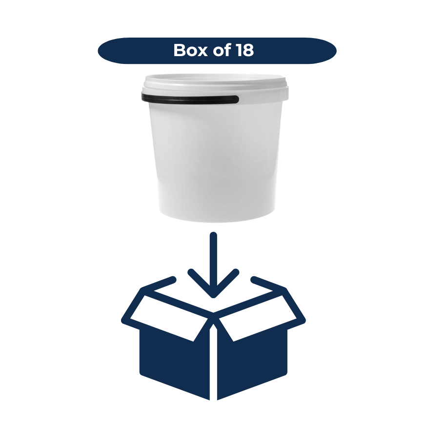 White 10L bucket with black lid and a box icon indicating 'Box of 18' on a white background.