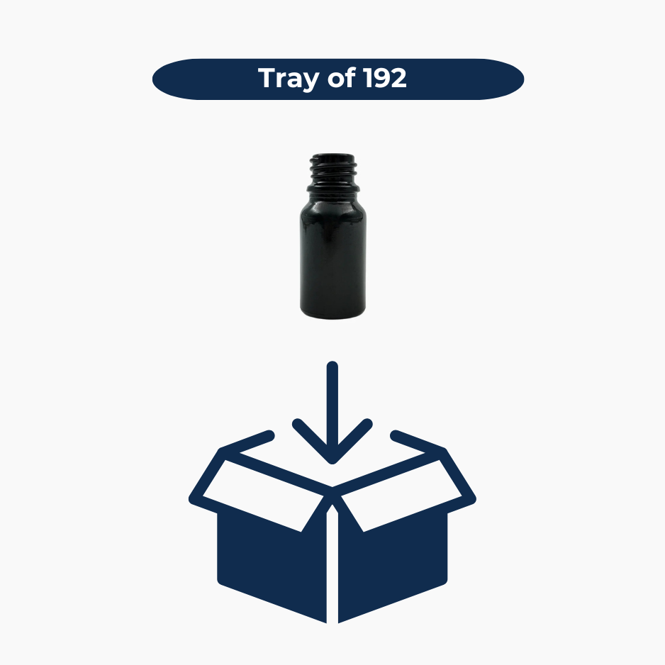 Black 10ml glass bottles shown in bulk pack of 192 units