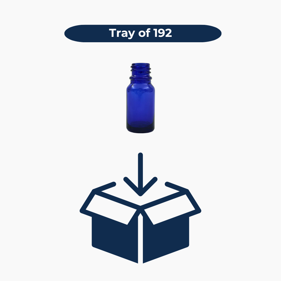 Blue 10ml glass bottles shown in bulk pack of 192 units