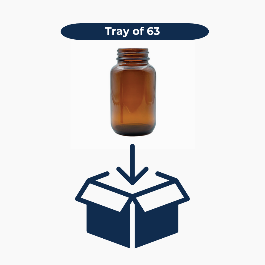 120ml amber glass bottle with 38mm neck shown with box icon indicating tray of 63 units