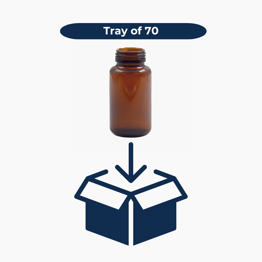 140ml amber glass bottle with 38mm neck shown with box icon indicating tray of 70 units