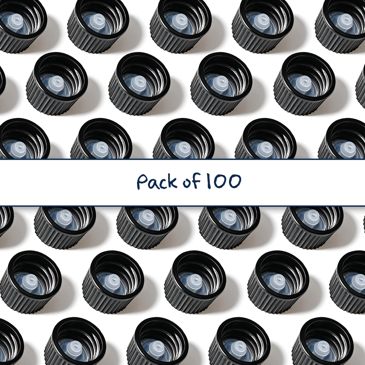 Multiple black 18 mm poly cone cap for plastic bottles, providing a secure seal for cosmetic, pharmaceutical and liquid product packaging