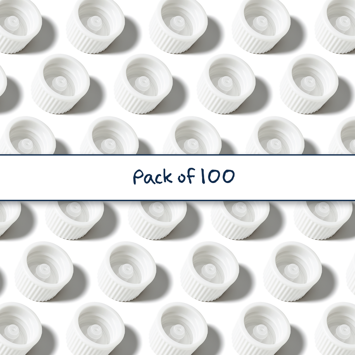 Multiple white 18 mm poly cone caps for plastic bottles, providing a secure seal for cosmetic, pharmaceutical and liquid product packaging