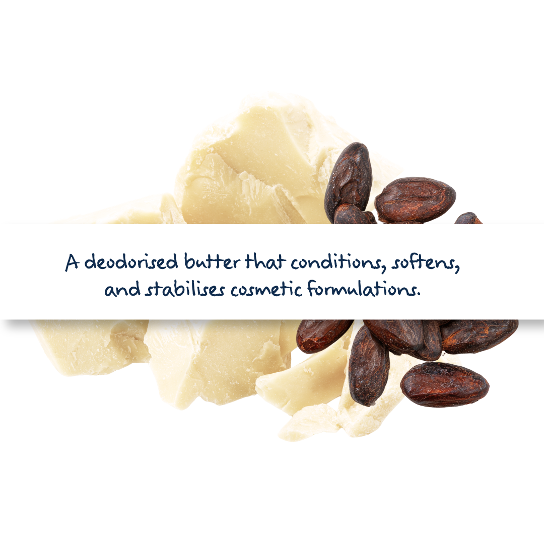 Deodorised Cocoa Butter for skincare and cosmetics, odourless plant-based butter that provides structure, hydration, and smooth emollience in formulations