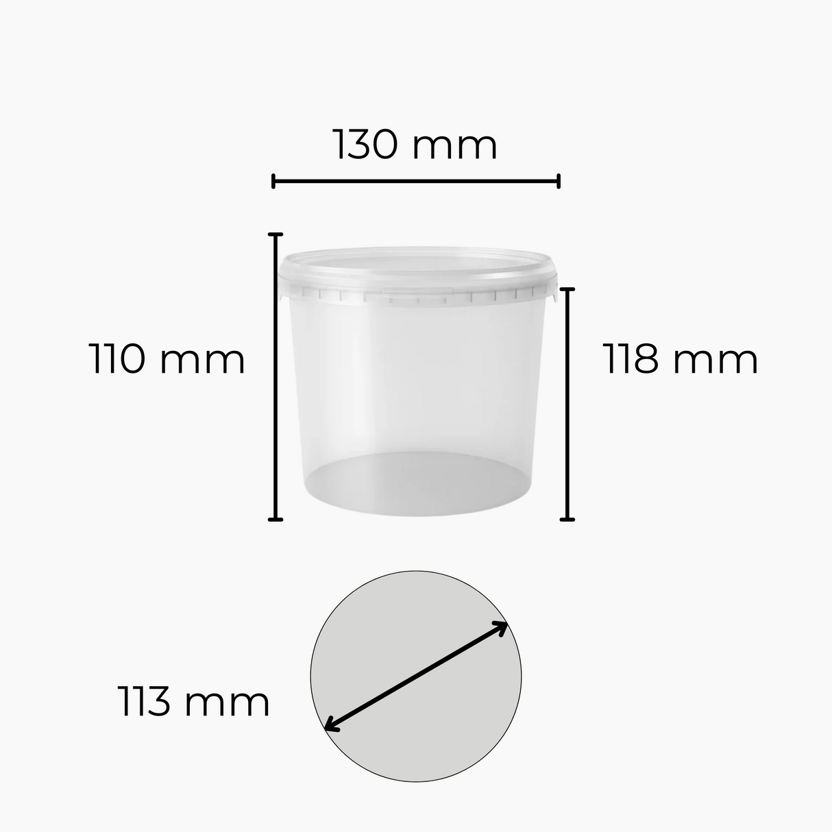 Measurement chart of a 1L clear bucket with dimensions in millimeters.