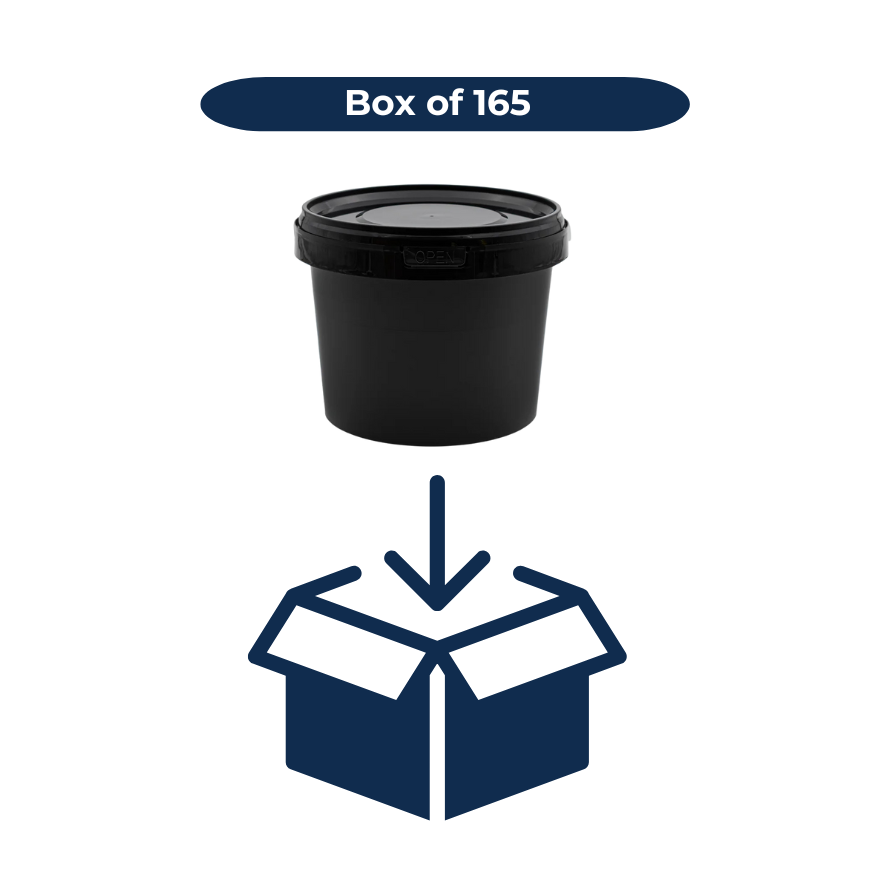 Black 1L bucket with lid and open box icon, labeled 'Box of 165'.