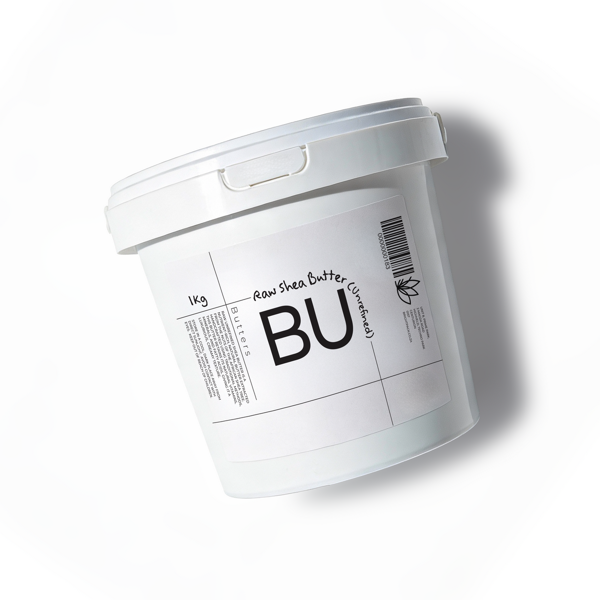 White container with Shea Butter Raw 1kg on a white background