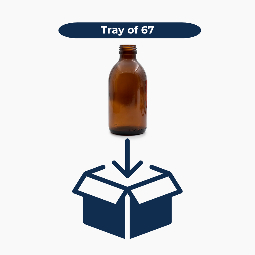 200ml amber glass bottle with 28mm neck shown with box icon indicating tray of 67 units