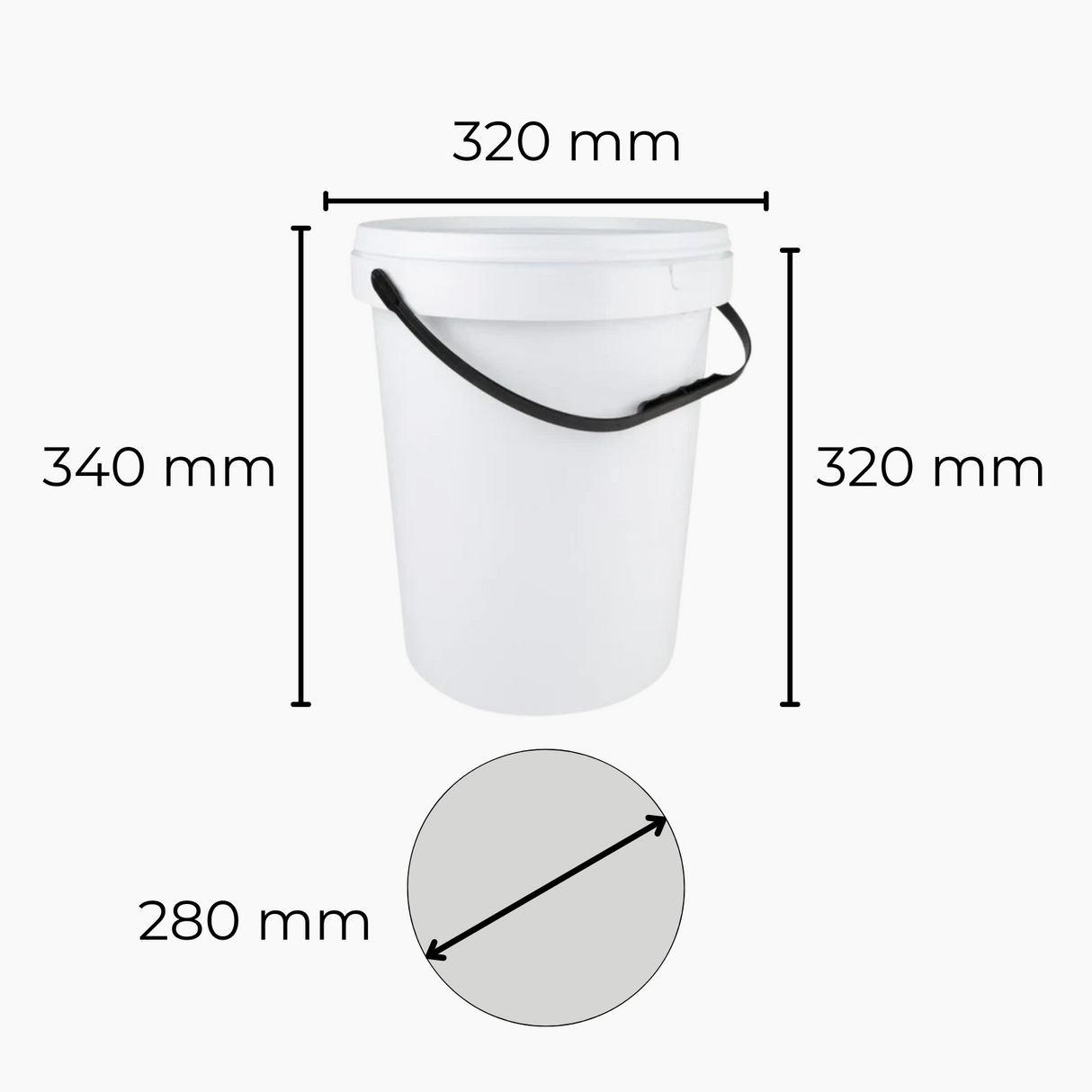 White 20L bucket with measurements on a white background