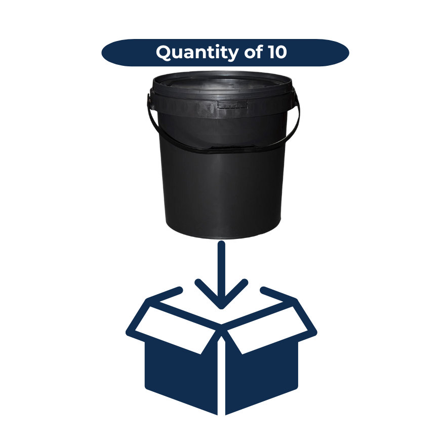Black 20L bucket with text 'Quantity of 10' above a box icon on a white background
