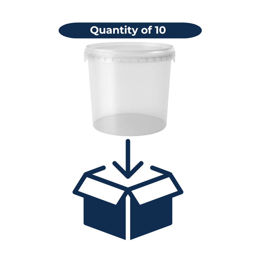 Clear plastic 20L bucket with a box icon and 'Quantity of 10' text on a white background