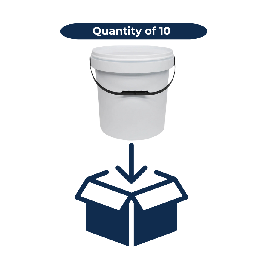 White 20L bucket with a box icon and 'Quantity of 10' text on a white background