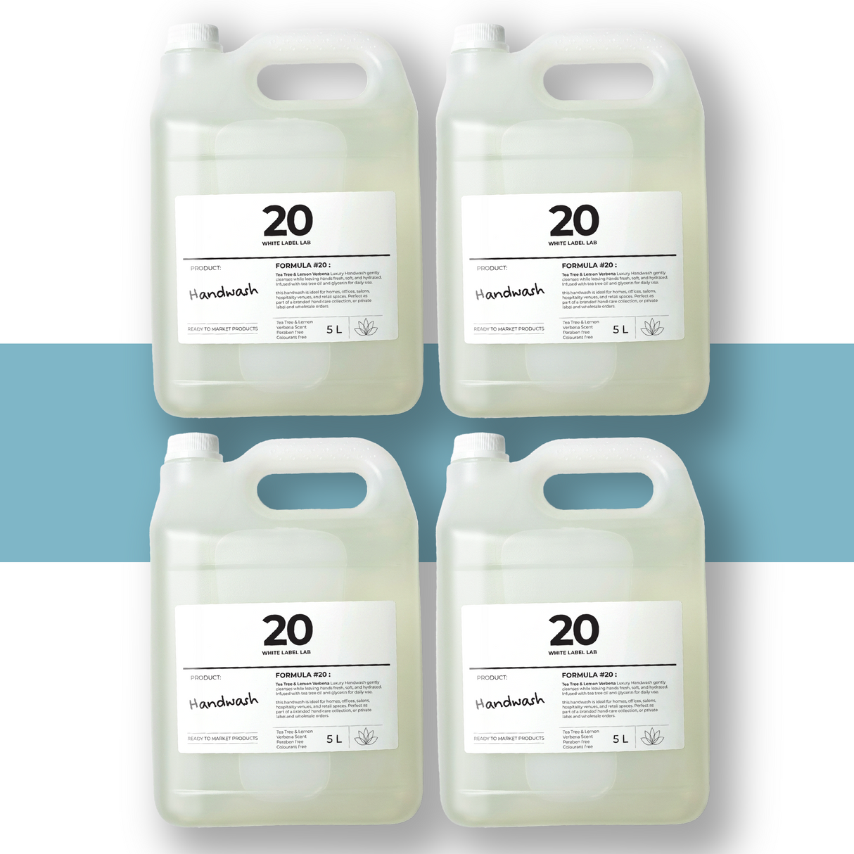 Pack of four 5 L jerry cans of Brightpack Tea Tree & Lemon Verbena handwash.