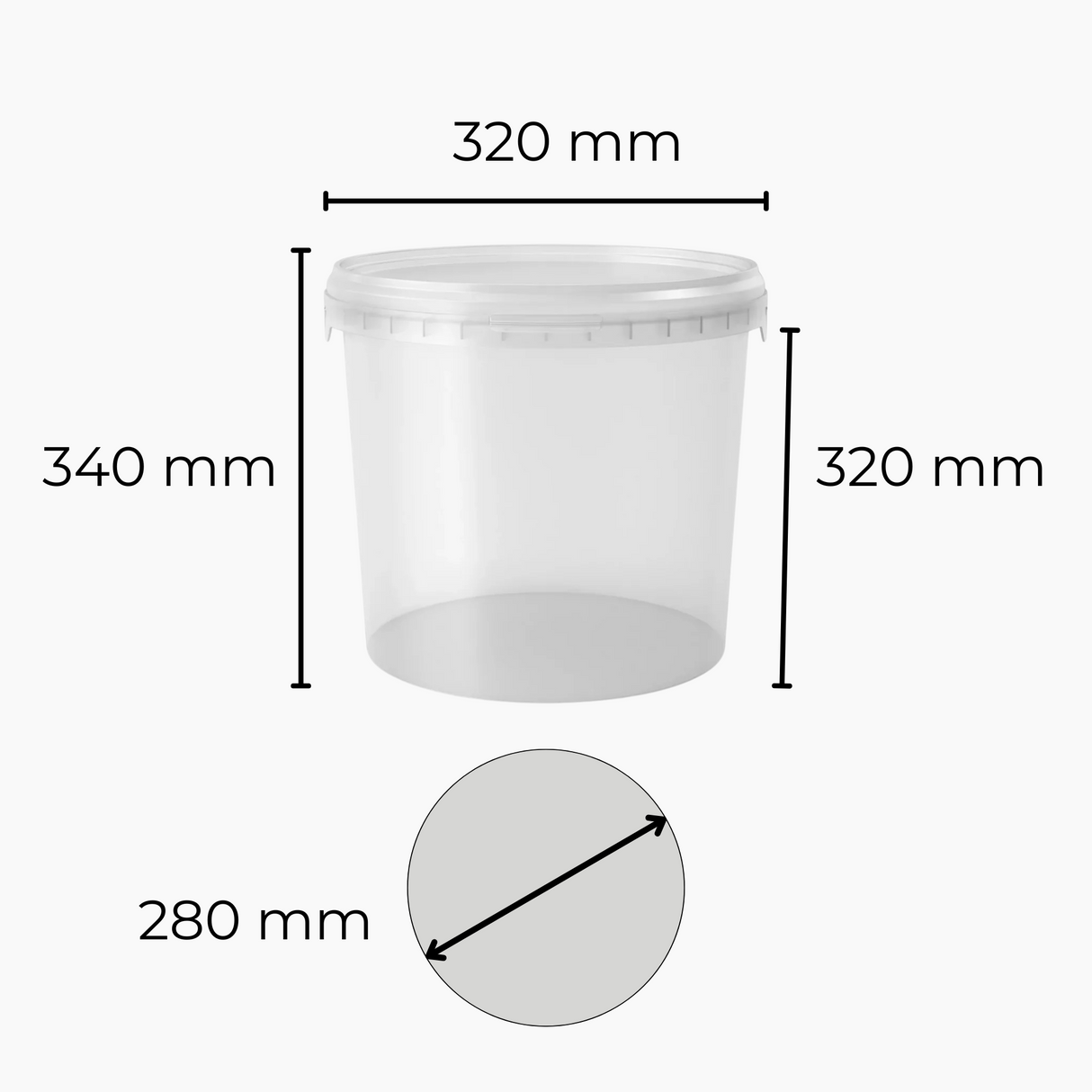 Clear 20L bucket with dimensions labeled on a white background