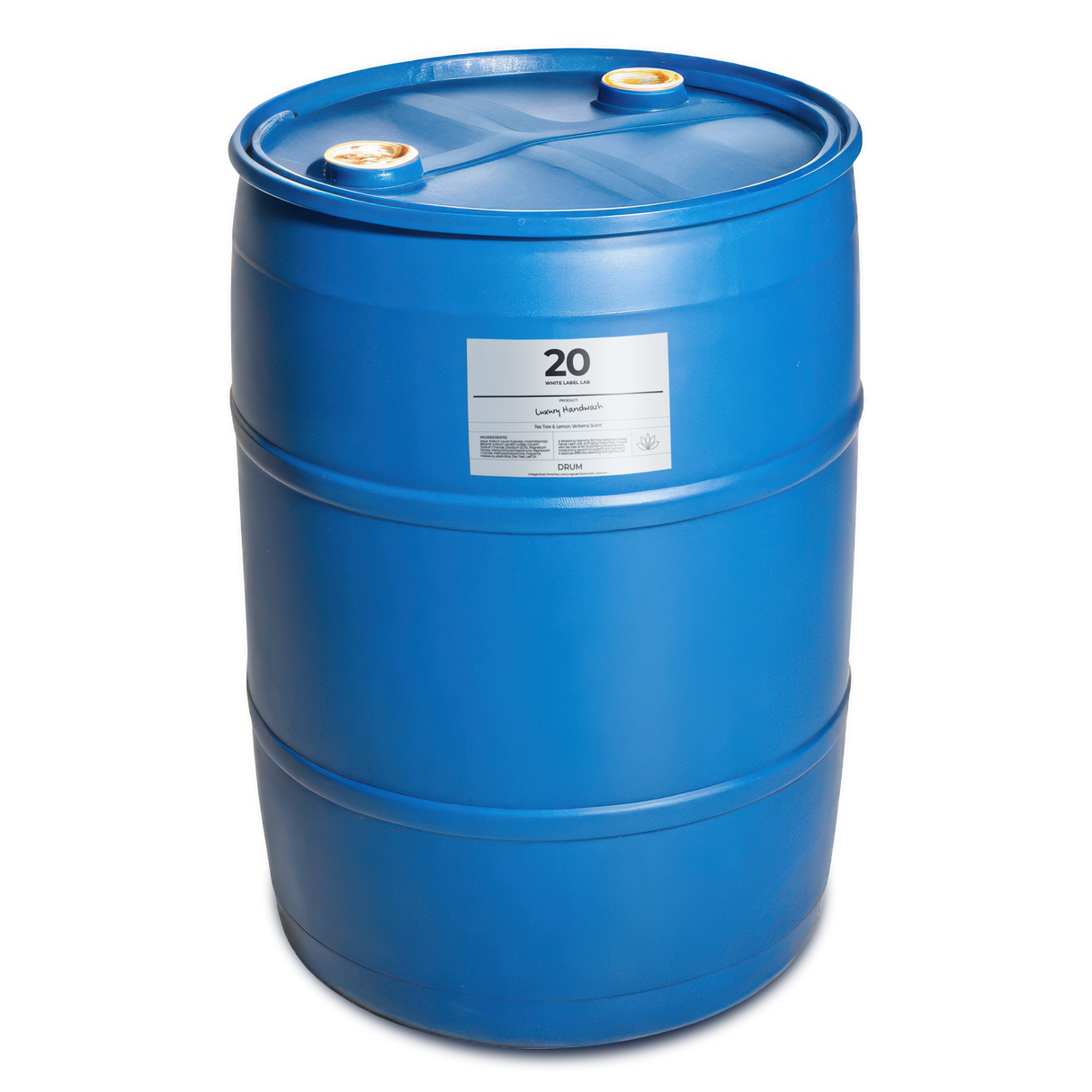 Blue industrial drum with a label on a white background