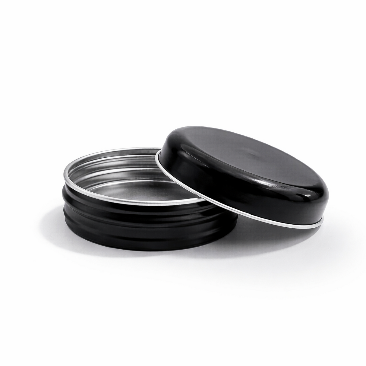 Open black 20ml aluminium tin container, cosmetic packaging for lip balms, creams, balms and skincare products