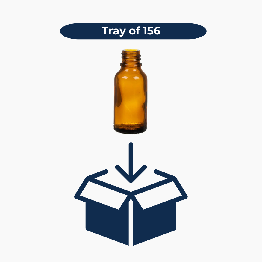 Amber 20ml glass bottles shown in bulk pack of 192 units