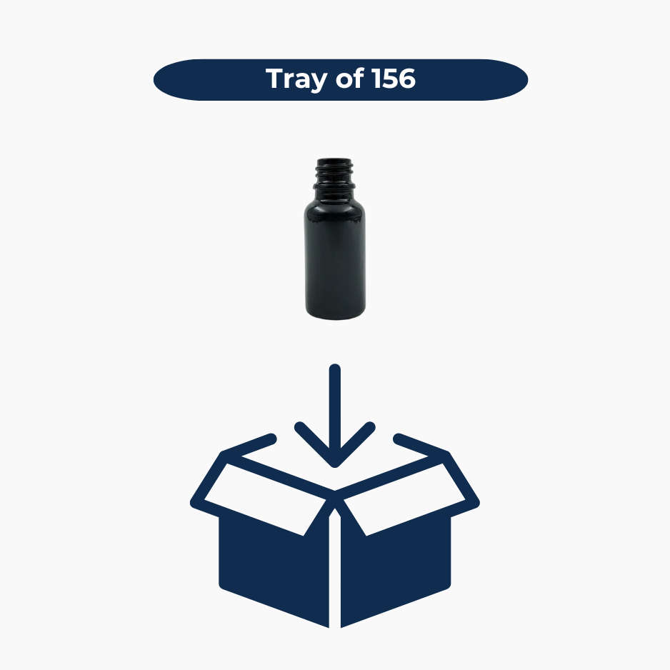 Black 20ml glass bottles shown in bulk pack of 156 units