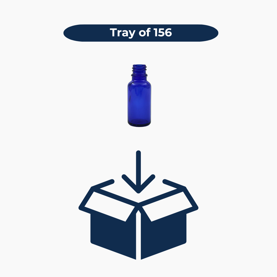 Blue 20ml glass bottles shown in bulk pack of 156 units