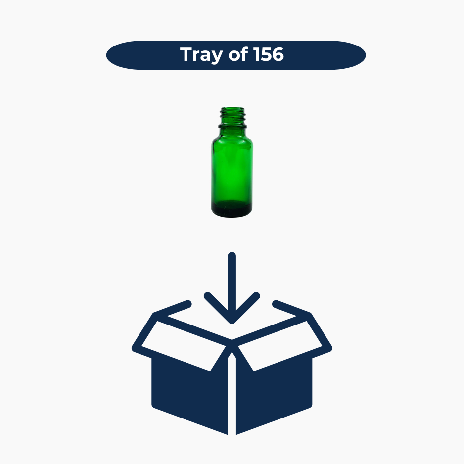 Green 20ml glass bottles shown in bulk pack of 156 units