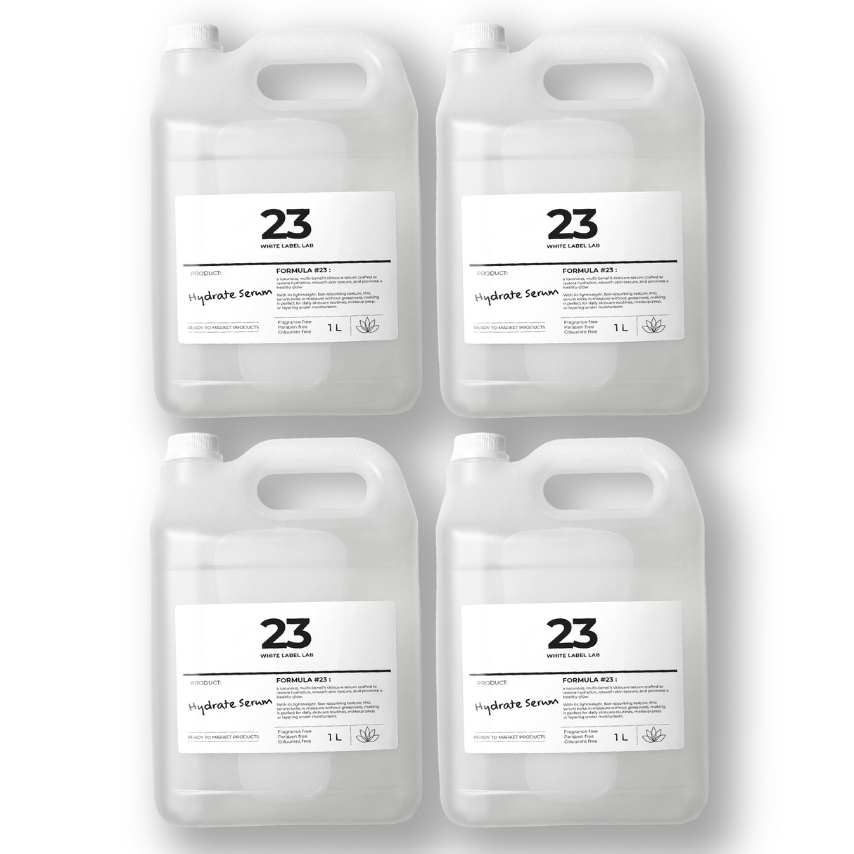 Pack of four 1 L bottles of Brightpack Hydrate Serum for bulk skincare use and refilling.