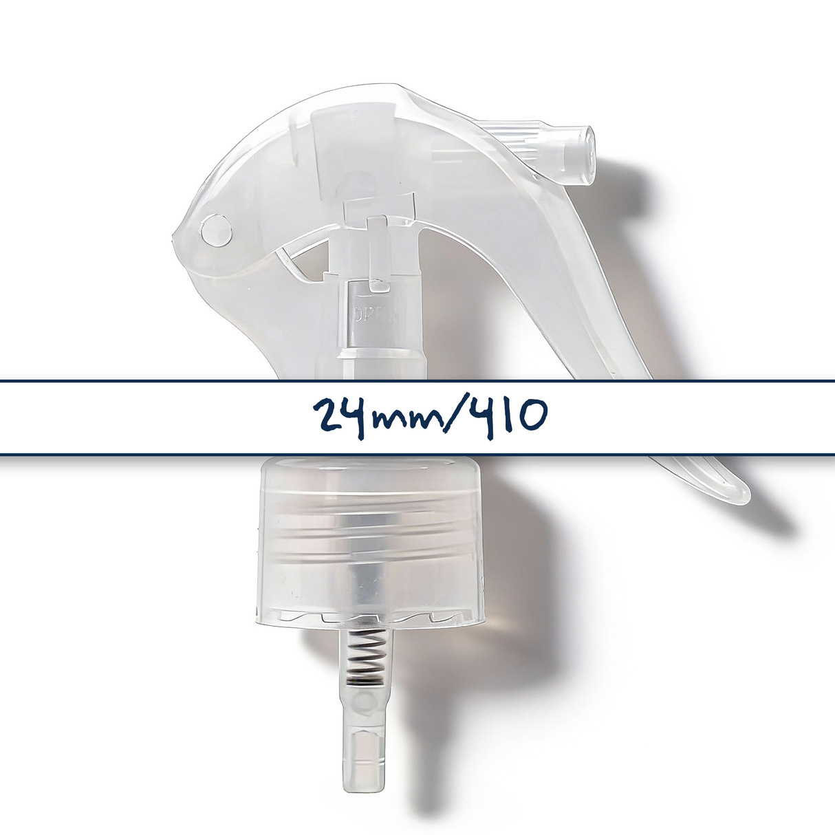 Clear 24 mm trigger spray closure for plastic bottles, ideal for cleaning products, disinfectants and liquid household packaging
