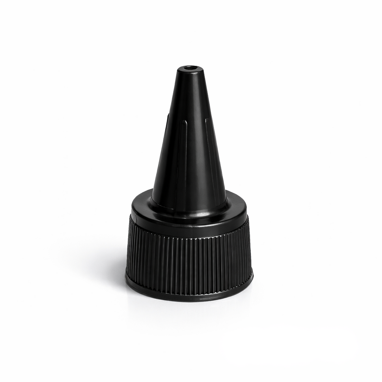 24 mm black spout cap for plastic bottles and pouches, ideal for dispensing liquid cosmetic and personal care products