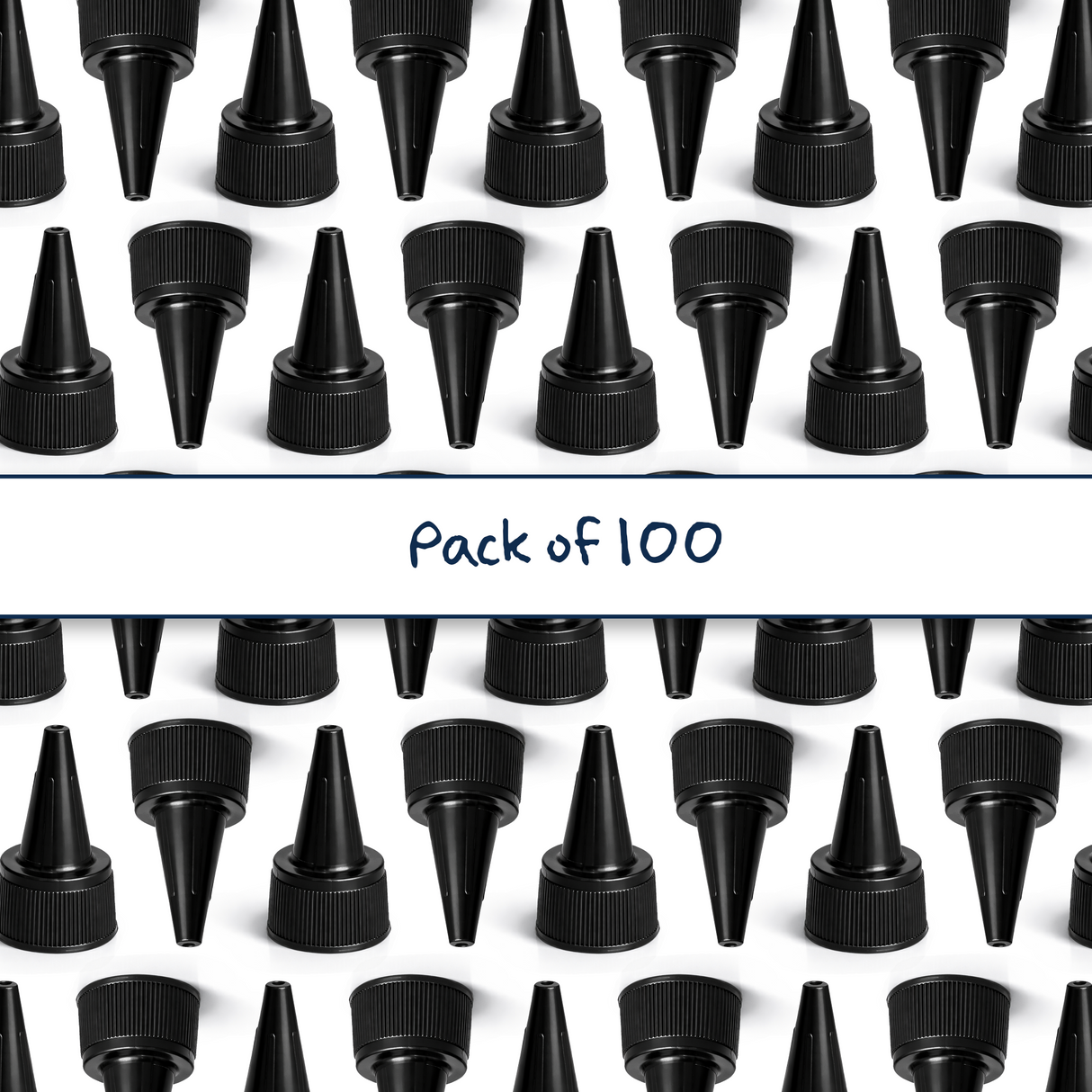 Multiple 24 mm black spout caps for plastic bottles and pouches, ideal for dispensing liquid cosmetic and personal care products