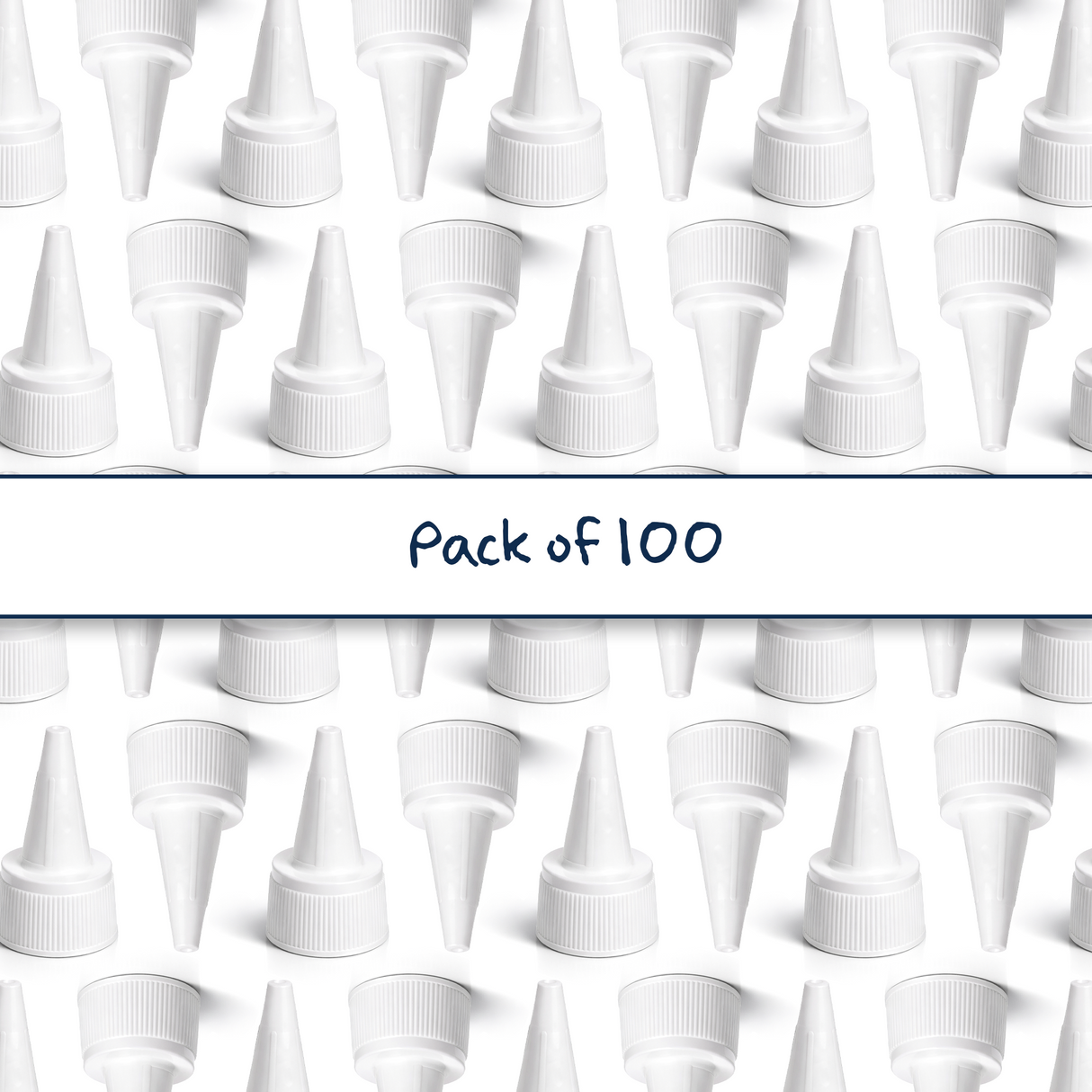 Multiple 24 mm white spout caps for plastic bottles and pouches, ideal for dispensing liquid cosmetic and personal care products