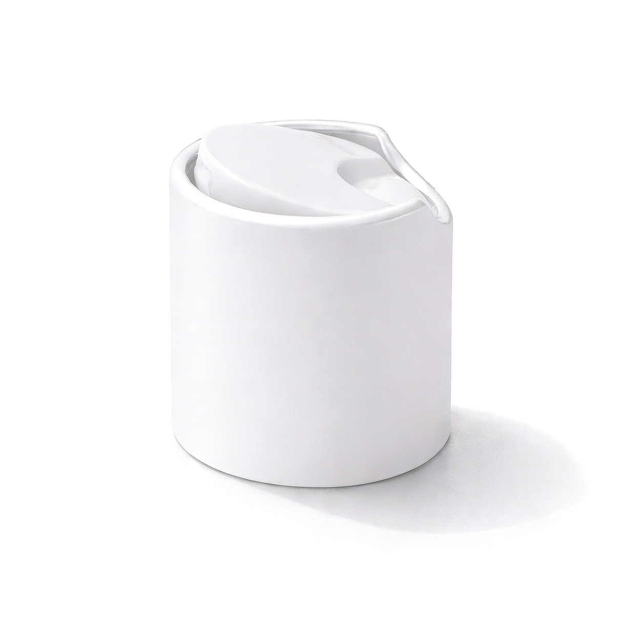 White 24mm disc top cap for plastic bottles, ideal for cosmetics, haircare and personal care packaging