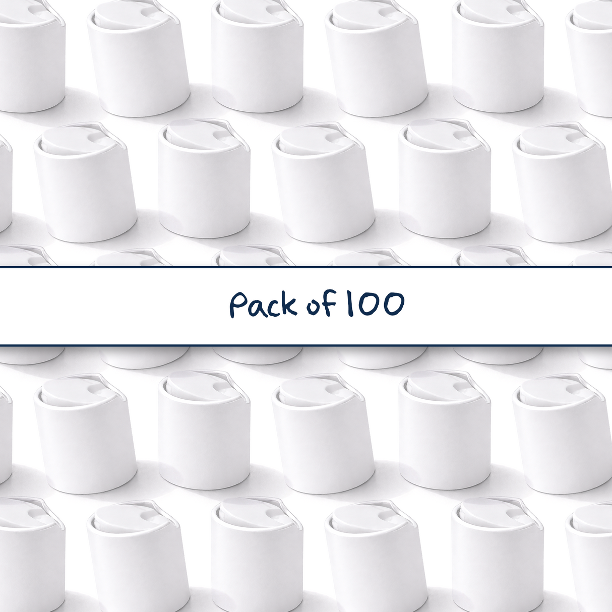 Multiple White 24mm disc top caps for plastic bottles, ideal for cosmetics, haircare and personal care packaging