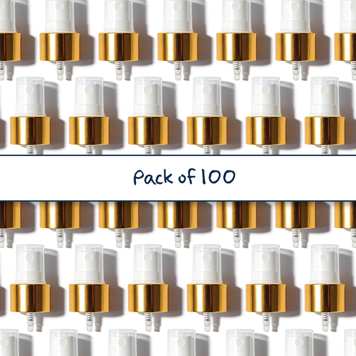 Multiple gold collar, white top 24 mm mist spray closures for cosmetic bottles, suitable for facial mists, perfumes, toners and liquid personal care packaging