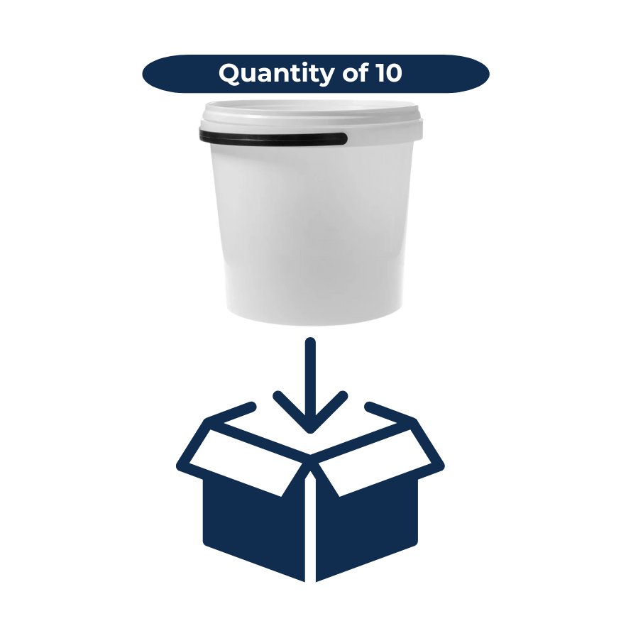 White 25L bucket with a lid on top of a blue box icon, indicating a quantity of 10.