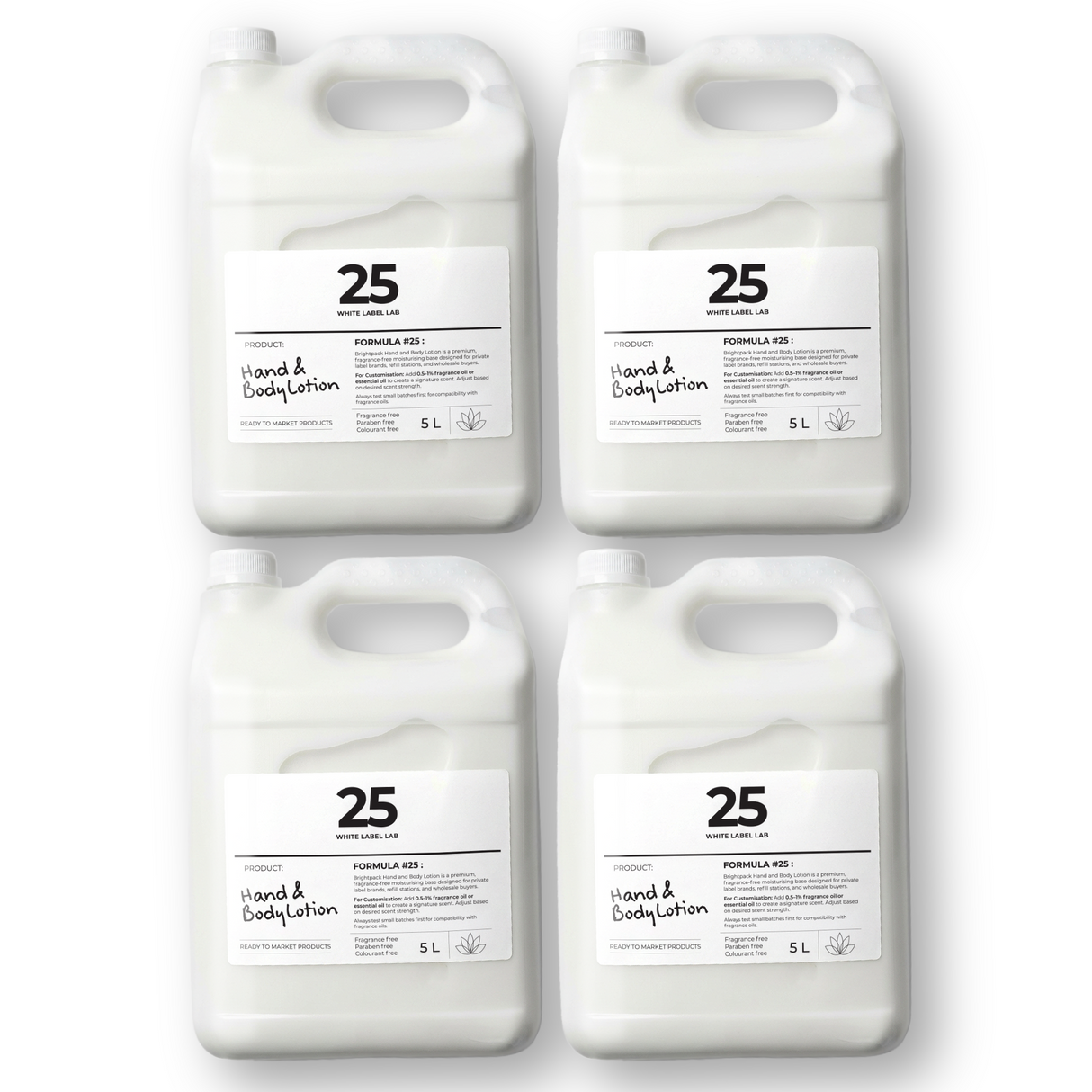 Pack of four 5 L jerry cans of Brightpack hand and body lotion for bulk skincare manufacturing.