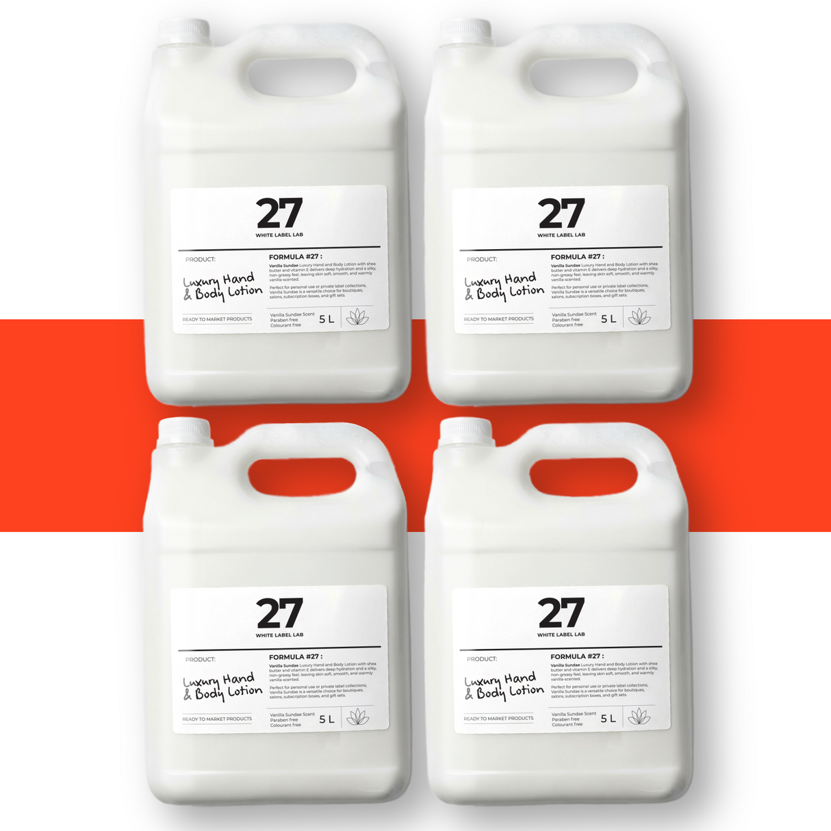 Pack of four 5 L jerry cans of Brightpack Vanilla Sundae hand and body lotion with a warm vanilla scent.