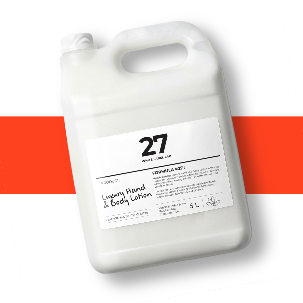 5 L jerry can of Brightpack Vanilla Sundae hand and body lotion with a warm vanilla scent.