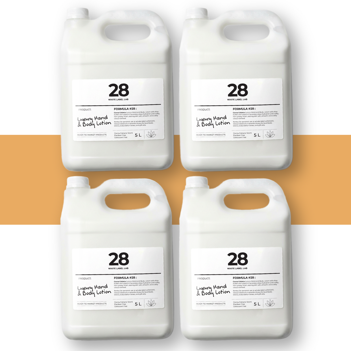Pack of four 5 L jerry cans of Brightpack Cocoa Cabana hand and body lotion with a soft cocoa scent.